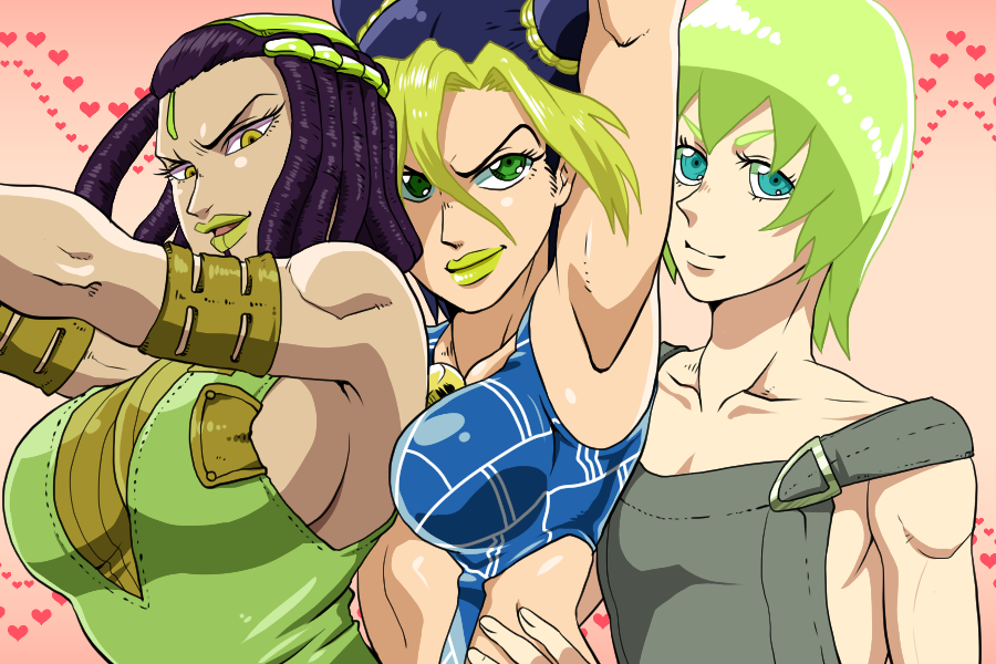 3girls, black_hair, breasts, double_bun, ermes_costello, foo_fighters, green_eyes, green_hair
