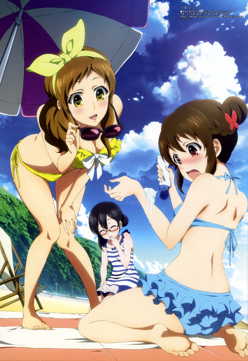 3girls, :o, absurdres, ass, barefoot, bent_over, bikini, bikini_skirt