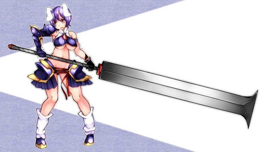 1girl, animal_ears, aoshima, armor, breasts, censored, commentary_request, convenient_censoring, groin, highres, huge_weapon, large_breasts, metal_gloves, metallic_bikini, midriff, mound_of_venus, navel, no_panties, open_mouth, purple_hair, rabbit_ears, reisen, ribbon, solo, sweatdrop, sword, touhou, trembling, under_boob, weapon
