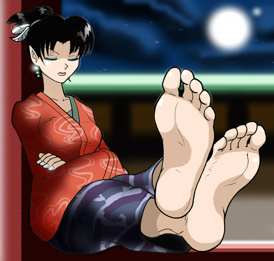 alternate_costume, artist_request, barefoot, black_hair, closed_eyes, crossed_arms, earrings, eyeliner