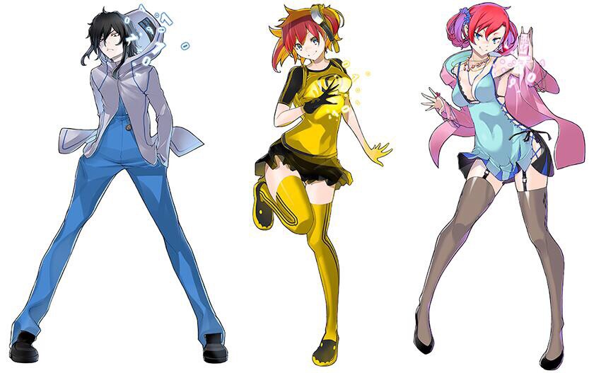 1boy, 2girls, binary, black_hair, breasts, digimon, digimon_story:_cyber_sleuth, garter_straps, garters, high_heels, hood, jacket, jewelry, multicolored_hair, multiple_girls, necklace, phone, pose, raglan_sleeves, ring, sanada_arata, shiramine_nokia, short_hair, skirt, smile, standing_on_one_leg, thigh-highs, twintails, two-tone_hair, yasuda_suzuhito, yellow_legwear