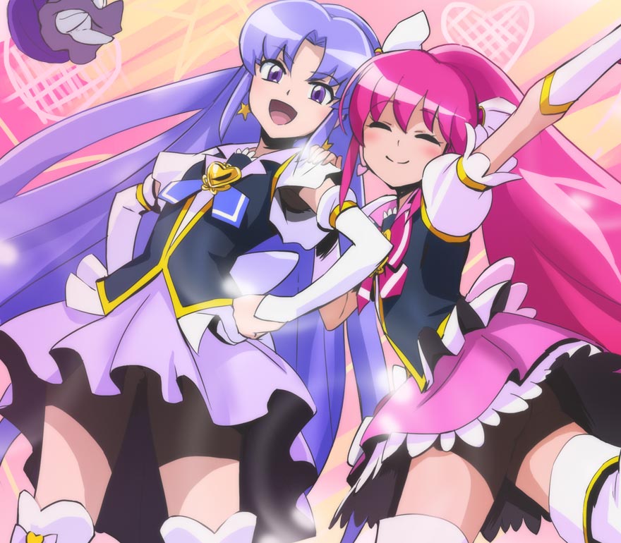 2girls, ^_^, aino_megumi, closed_eyes, cure_fortune, cure_lovely, gurasan_(happinesscharge_precure!), hair_down