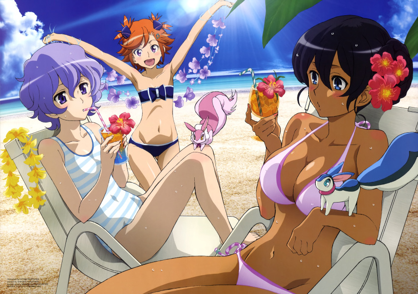 3girls, :d, absurdres, alternate_hairstyle, bandeau, barefoot, beach, bikini, black_hair, blue_eyes, breasts, captain_earth, casual_one-piece_swimsuit, chair, cleavage, clouds, cup, dark_skin, drink, drinking, drinking_glass, drinking_straw, flat_chest, flower, hair_flower, hair_ornament, hair_up, hasegawa_hitomi, highres, lappa, large_breasts, lavender_eyes, lavender_hair, light_rays, lounge_chair, midriff, multiple_girls, mutou_hana, navel, o3o, official_art, one-piece_swimsuit, open_mouth, orange_hair, pink_bikini, pitz, setsuna_(captain_earth), side-tie_bikini, sky, small_breasts, smile, striped, striped_swimsuit, sunbeam, sunlight, swimsuit, violet_eyes, wet, yomatsuri_akari
