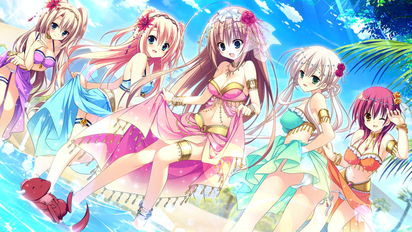 5girls, :d, ;d, asakura_hayate, ass, baragon_(majokoi), beach, bikini