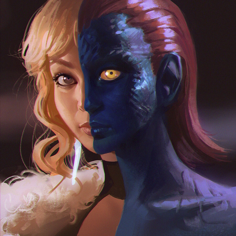 1girl, blonde_hair, blue_eyes, blue_skin, face, ilya_kuvshinov, lips, marvel