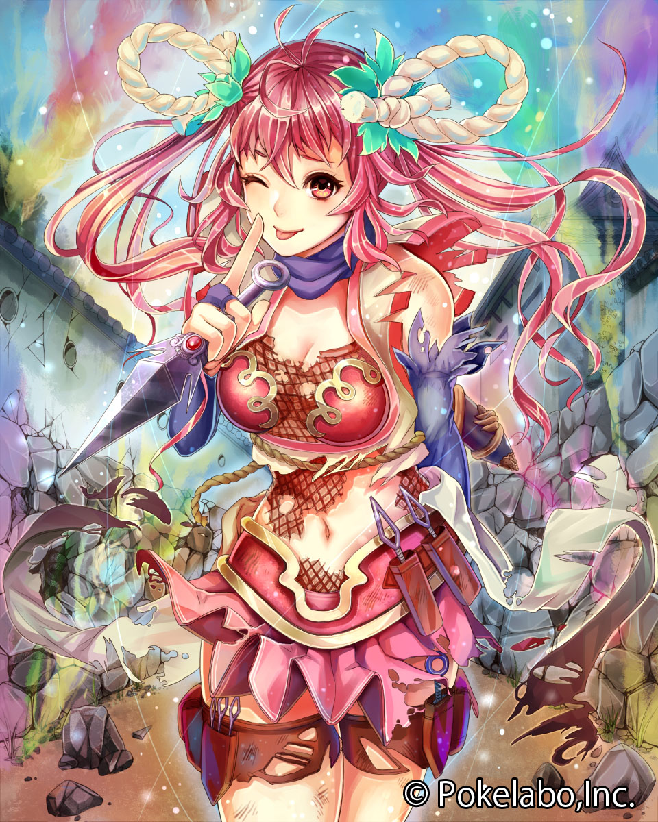 1girl, ;p, armor, building, cowboy_shot, fuuma_kotarou_(senran_no_samurai_kingdom), hair_ornament, highres