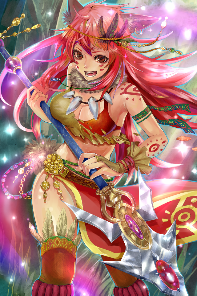 1girl, :d, animal_ears, belt, bodypaint, boots, bridal_gauntlets, brown_eyes