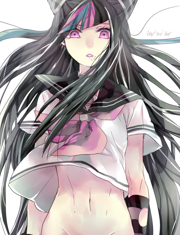 1girl, abs, black_hair, blue_hair, dangan_ronpa, dennbadennba0105, long_hair, mioda_ibuki, multicolored_hair, open_mouth, piercing, pink_eyes, pink_hair, sailor_collar, school_uniform, serafuku, solo, super_dangan_ronpa_2, toned, white_hair