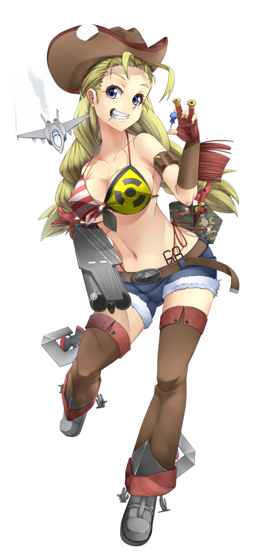 1girl, absurdres, aircraft, airplane, america, anchor, antenna_hair, armband, beads, belt, belt_buckle, bikini, bikini_top, bikini_under_clothes, blonde_hair, blue_eyes, blue_shorts, blush, braid, breasts, brown_legwear, buckle, camouflage, candy, cleavage, condensation_trail, cowboy_hat, cutoffs, denim, denim_shorts, f-18, fighter_jet, fingerless_gloves, flight_deck, fringe, front-tie_bikini, front-tie_top, full_body, glint, gloves, grin, gun, hat, highleg, highleg_bikini, highres, hips, holding, holding_gun, holding_weapon, jet, kagiyama_(74297429), kagiyama_(gen'ei_no_hasha), kantai_collection, large_breasts, leaning, legs_apart, lollipop, long_hair, looking_at_viewer, military, military_vehicle, mouth_hold, navel, number, original, pouch, print_bikini, scrunchie, short_shorts, shorts, shotgun, shotgun_shells, side-tie_bikini, sideboob, smile, solo, standing, strap_gap, string_bikini, striped, striped_bikini, swimsuit, tattoo, the_final_countdown, thigh-highs, transparent_background, twin_braids, twintails, under_boob, uss_nimitz, weapon, western, white_background, zettai_ryouiki