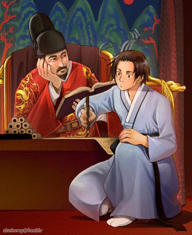 2boys, ahoge, axis_powers_hetalia, beard, book, brown_eyes, brown_hair, calligraphy, calligraphy_brush, civilization_(series), civilization_5, civilization_v, crossover, expressive_hair, facial_hair, hat, ikseongwan, korea_(hetalia), korean_clothes, multiple_boys, mustache, paintbrush, sejong_the_great, sherry_lai, short_hair, writing