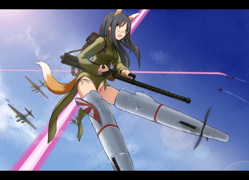 1girl, absurdres, aerial_battle, aircraft, airplane, animal_ears, backpack, bag