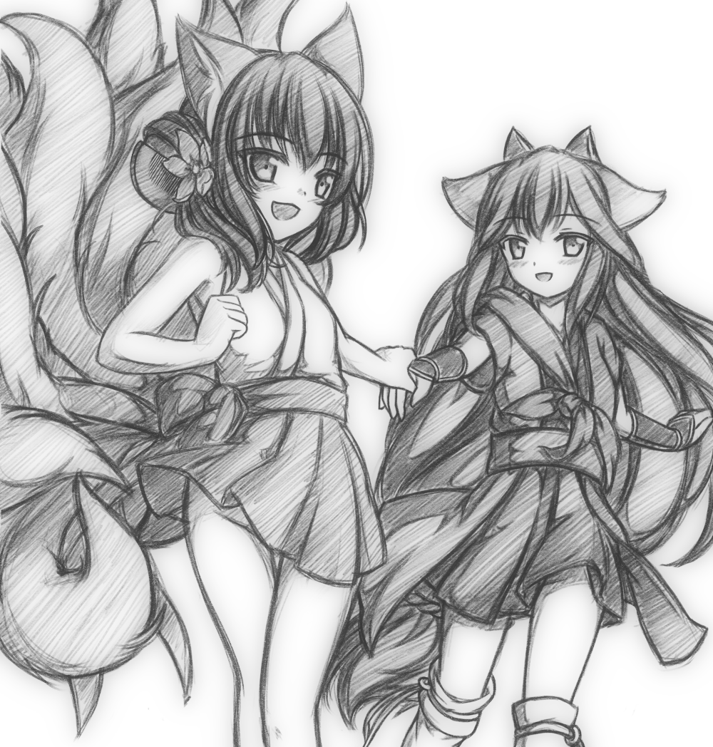 2girls, animal_ears, bottomless, fox_ears, fox_tail, greyscale, hand_holding, japanese_clothes, kuuko_(shikihime_zoushi), kyuubi_(shikihime_zoushi), long_hair, monochrome, multiple_girls, multiple_tails, no_panties, playjoe2005, shikihime_zoushi, short_hair, simple_background, sketch, skirt, smile, tail, white_background