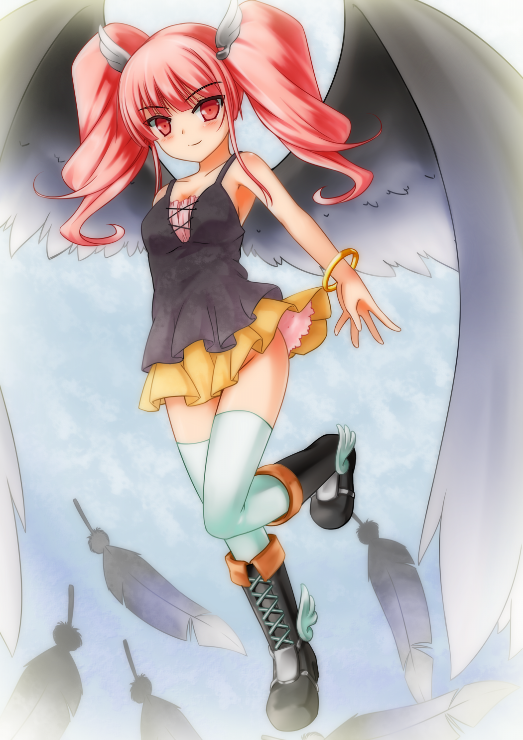 1girl, blush, bottomless, feathers, highres, long_hair, miniskirt, no_panties, playjoe2005, red_eyes, redhead, ririmuhime_(shikihime_zoushi), shikihime_zoushi, skirt, solo, twintails, wings