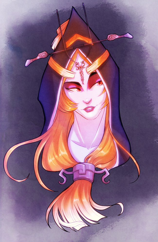 1girl, blue_skin, eyeliner, front_ponytail, hood, lips, lipstick, long_hair, makeup, midna, midna_(true), orange_hair, smile, solo, spoilers, the_legend_of_zelda, the_legend_of_zelda:_twilight_princess, tiuana_rui, upper_body