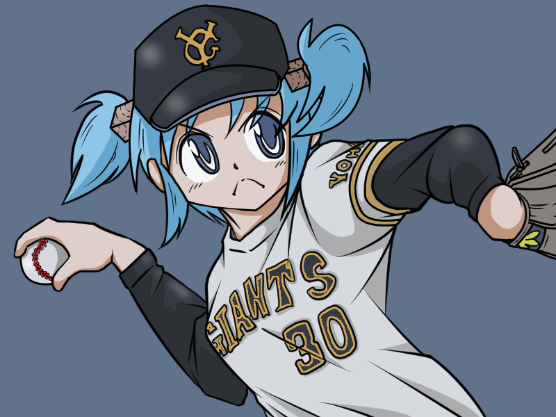 >:(, 1girl, a-king, alternate_costume, baseball, baseball_cap, baseball_glove, baseball_jersey, baseball_uniform, black_hat, blue_background, blue_eyes, blue_hair, hair_cubes, hair_ornament, hat, logo, naganohara_mio, nichijou, nippon_professional_baseball, pitching, short_hair, short_twintails, simple_background, solo, sportswear, twintails, yomiuri_giants