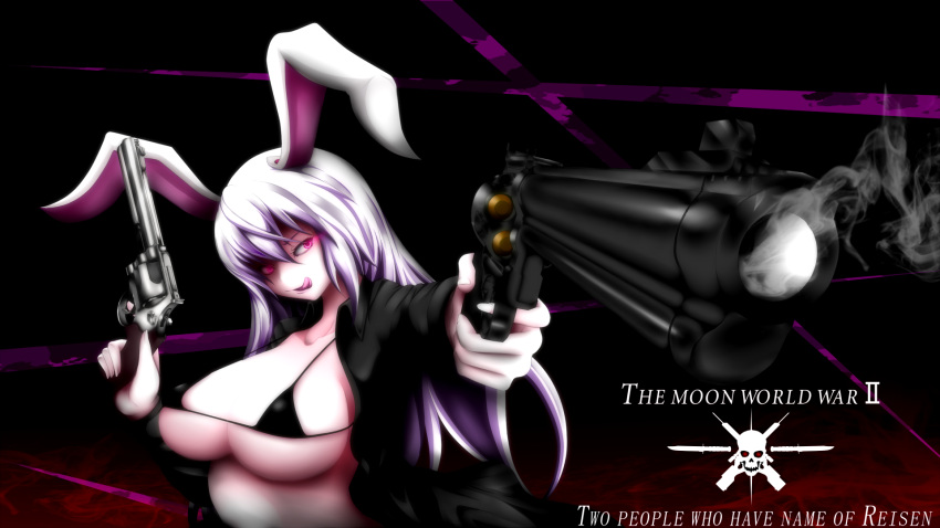 1girl, animal_ears, bikini_top, breasts, dual_wielding, foreshortening, gun, handgun, highres, jacket, large_breasts, lavender_hair, long_hair, looking_at_viewer, maeda_kousuke, open_clothes, open_jacket, open_mouth, rabbit_ears, red_eyes, reisen_udongein_inaba, revolver, s&amp;w_500, smile, smoke, smoking_gun, solo, tongue, tongue_out, touhou, upper_body, weapon