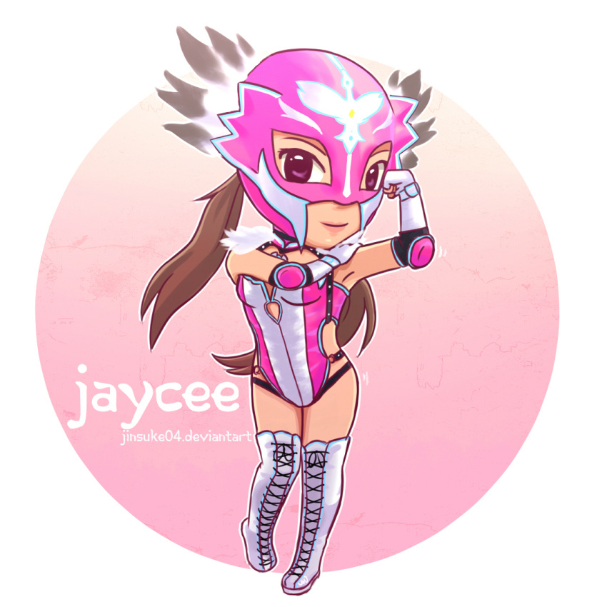 1girl, alternate_costume, bandai_namco, boots, brown_hair, chibi, cross-laced_footwear, elbow_gloves
