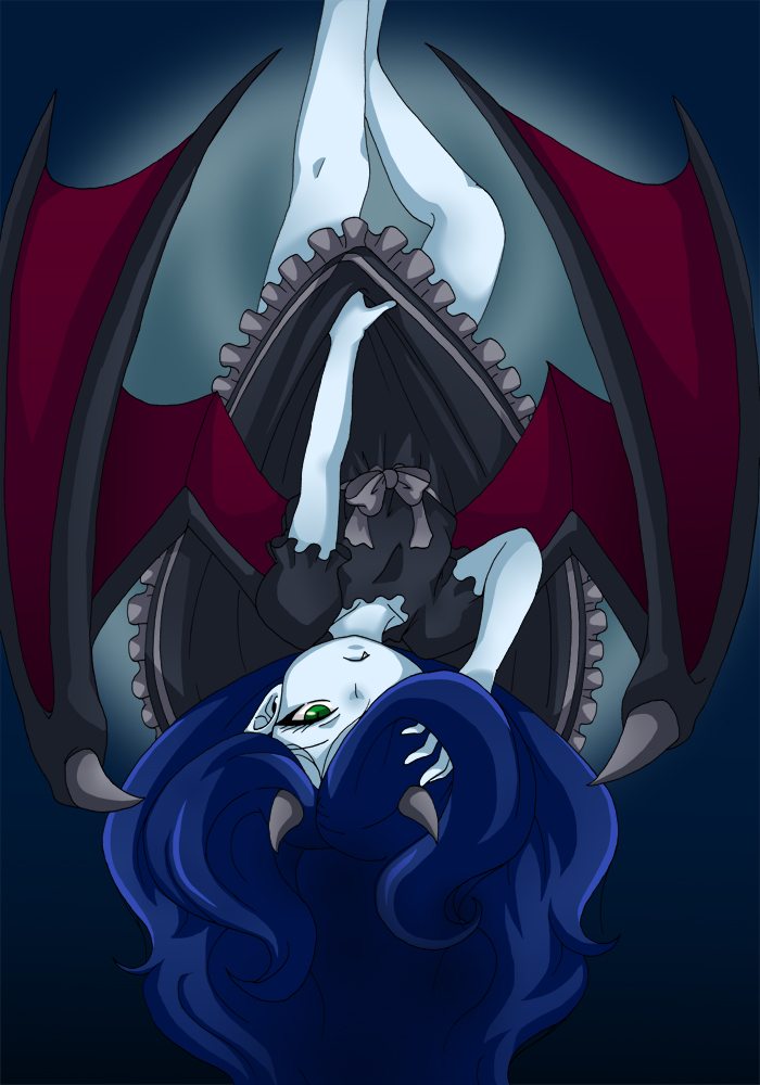 1girl, blue_hair, blue_skin, demon_girl, demon_wings, dress, duel_monster, fabled_krus