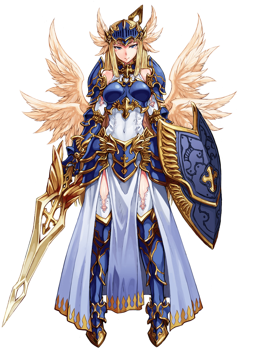 1girl, angel, armor, bare_shoulders, blonde_hair, blue_eyes, choker, cross, highres, kenkou_cross, knight, long_hair, mamono_girl_lover, monster_girl, monster_girl_encyclopedia, multiple_wings, navel, one_eye_closed, pauldrons, shield, skirt, smile, solo, sword, valkyrie, valkyrie_(monster_girl_encyclopedia), weapon, wings, wink