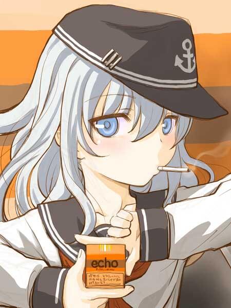 1girl, blue_eyes, cigarette, cigarette_box, hat, hibiki_(kantai_collection), horizontal_stripes, kantai_collection, long_hair, looking_at_viewer, nagaoka_kenzou, object_namesake, pose, school_uniform, serafuku, silver_hair, smoke, smoking, solo, striped, striped_background