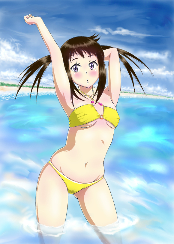 1girl, arm_up, bikini, brown_hair, harudori_tsugumi, long_hair, ocean, solo
