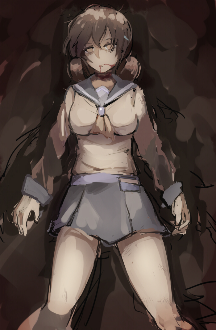 1girl, blood, blood_on_face, brown_eyes, brown_hair, corpse_party, curly_hair, death