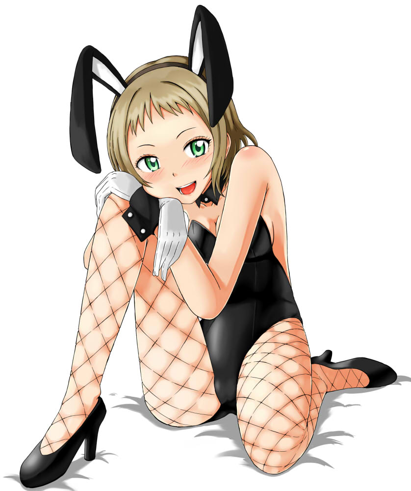 1girl, animal_ears, brown_hair, bunny_girl, bunnysuit, detached_collar, fishnet_pantyhose, fishnets