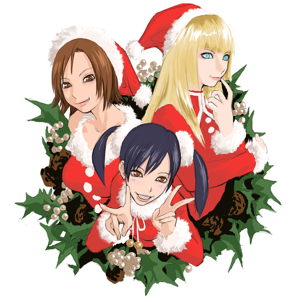 3girls, black_hair, blonde_hair, blue_hair, brown_eyes, brown_hair, christmas, double_v