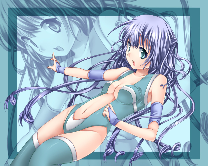 1girl, aqua_eyes, armpits, blue_hair, breasts, center_opening, cleavage, fingerless_gloves