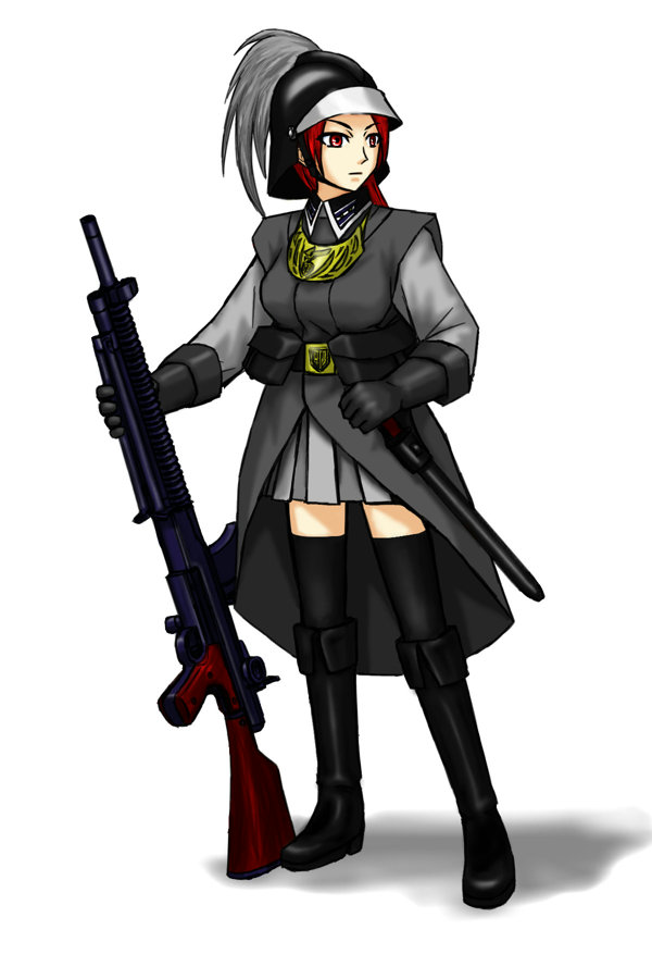1girl, black_gloves, boots, dragoon_(dragon_w), gloves, helmet, knee_boots, light_machine_gun