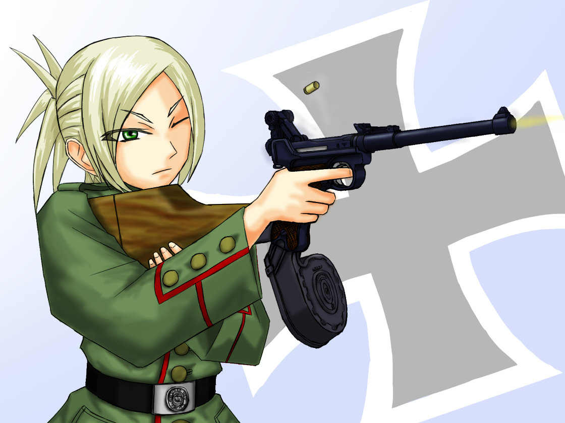 1girl, aiming, belt, casing_ejection, dragoon_(dragon_w), drum_magazine, firing, green_eyes
