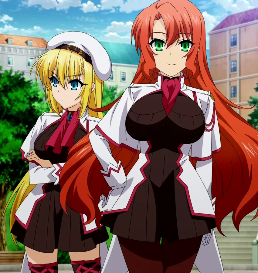 2girls, blonde_hair, blue_eyes, boots, building, clouds, green_eyes, highres