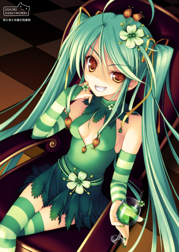 armchair, breasts, brown_eyes, chair, cleavage, cleavage_cutout, crossed_legs, cupping_glass, detached_sleeves, dutch_angle, elbow_gloves, fang, flower, from_above, glass, gloves, green_hair, green_legwear, grin, hair_flower, hair_ornament, hair_ribbon, hatsune_miku, long_hair, nail_polish, naughty_face, ribbon, sayori, sitting, smile, striped, striped_gloves, striped_legwear, striped_thighhighs, thigh-highs, thighhighs, twintails, vocaloid, wine, zettai_ryouiki