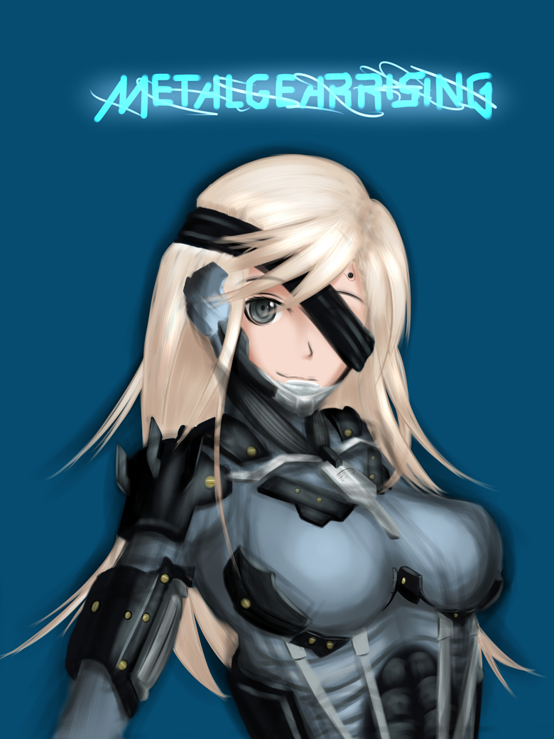 1girl, breasts, cyborg, eyepatch, genderswap, metal_gear_(series), metal_gear_rising:_revengeance, raiden, smile, solo, white_hair, xm1991