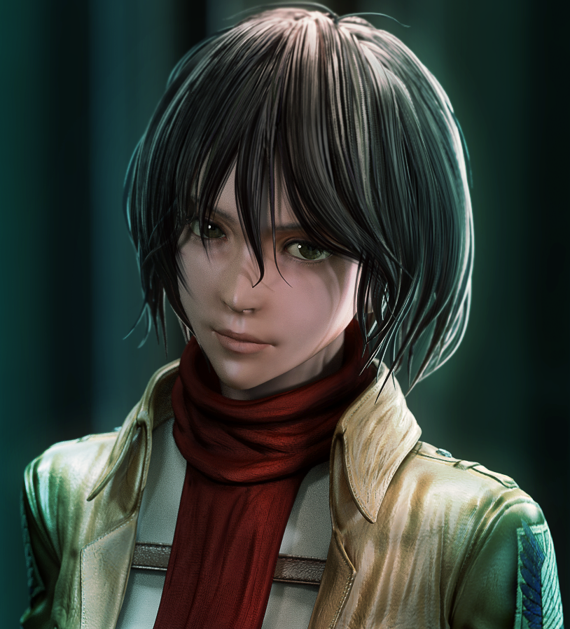1girl, 3d, black_hair, jacket, mikasa_ackerman, scarf, shingeki_no_kyojin, short_hair