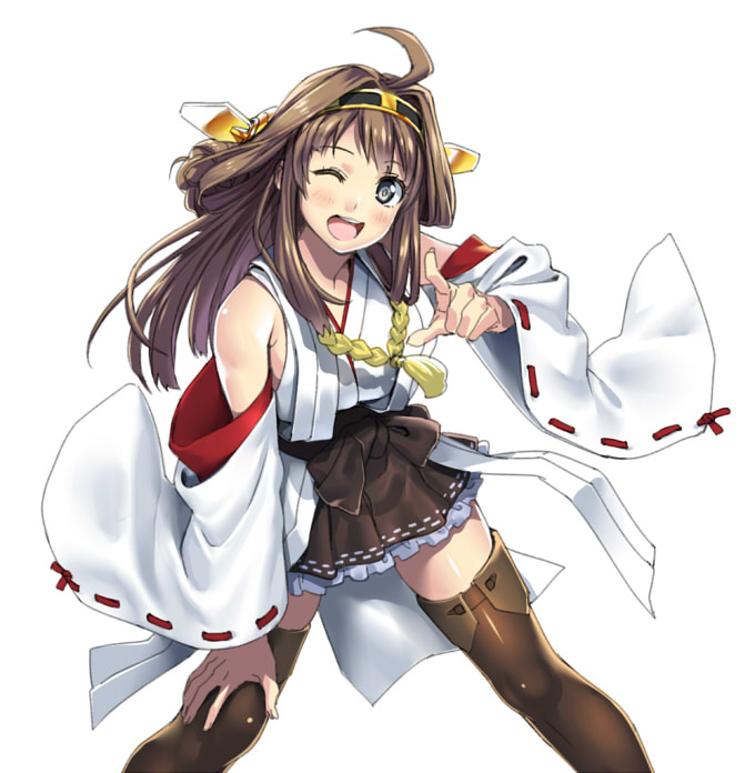 1girl, ;d, ahoge, bare_shoulders, boots, brown_eyes, brown_hair, brown_legwear