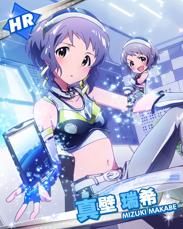 1girl, belt, character_name, earrings, female, fingerless_gloves, gloves, grey_hair, hairband, idolmaster, idolmaster_million_live!, jewelry, kawakami_tetsuya, little_mizuki, looking_at_viewer, makabe_mizuki, midriff, official_art, short_hair, yellow_eyes
