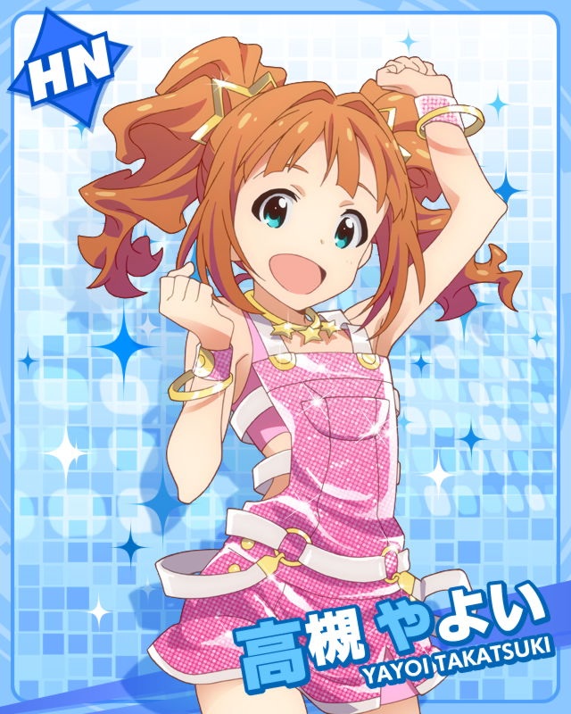 1girl, :d, alternate_costume, aqua_eyes, blue_background, bracelet, brown_hair, character_name
