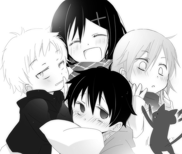 2boys, 2girls, ayano_no_koufuku_riron_(vocaloid), bad_id, cat, child, hair_ornament, hairclip