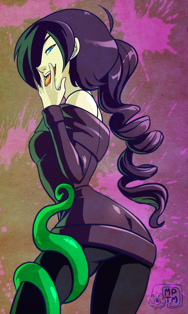 1girl, ahoge, ass, bare_shoulders, black_legwear, blue_eyes, drill_hair, latex