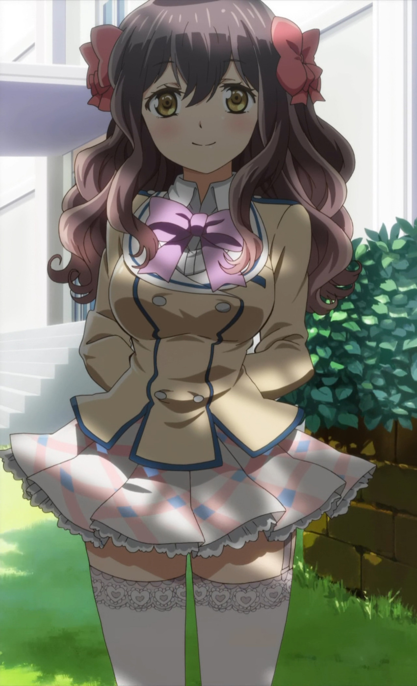 garter_belt, green_eyes, highres, kanojo_ga_flag_wo_oraretara, long_hair, mahougasawa_akane, maroon_hair, pleated_skirt