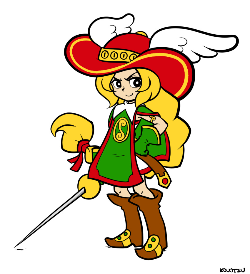 >:), 1girl, armband, artist_name, belt, black_eyes, blonde_hair, boots