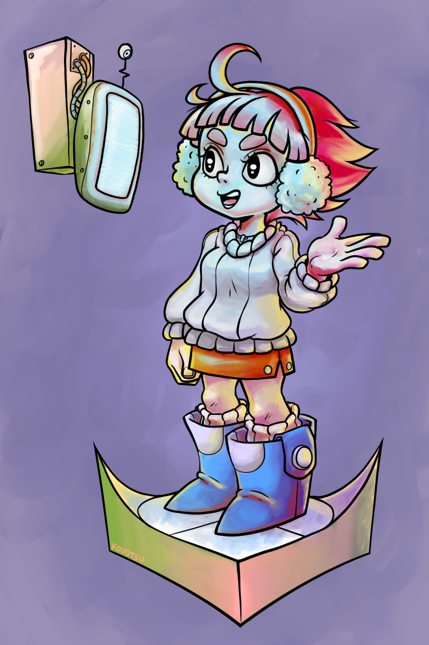 1girl, absurdres, ahoge, boots, earmuffs, highres, jewelry, kouotsu