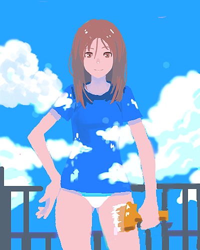 1girl, blending, blue_sky, brown_eyes, brown_hair, camouflage, clouds, facing_viewer, hand_on_hip, ladic, light_smile, long_hair, looking_at_viewer, lowres, no_lineart, no_pants, oekaki, original, paintbrush, panties, railing, shirt, sky, solo, t-shirt, underwear, white_paint, white_panties