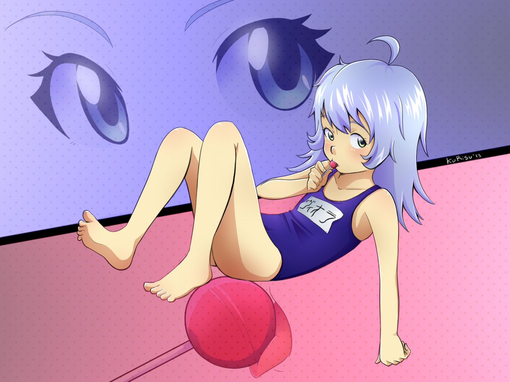 1girl, ahoge, androgynous, blue_hair, candy, close-up, green_eyes, kurisu_(artist)