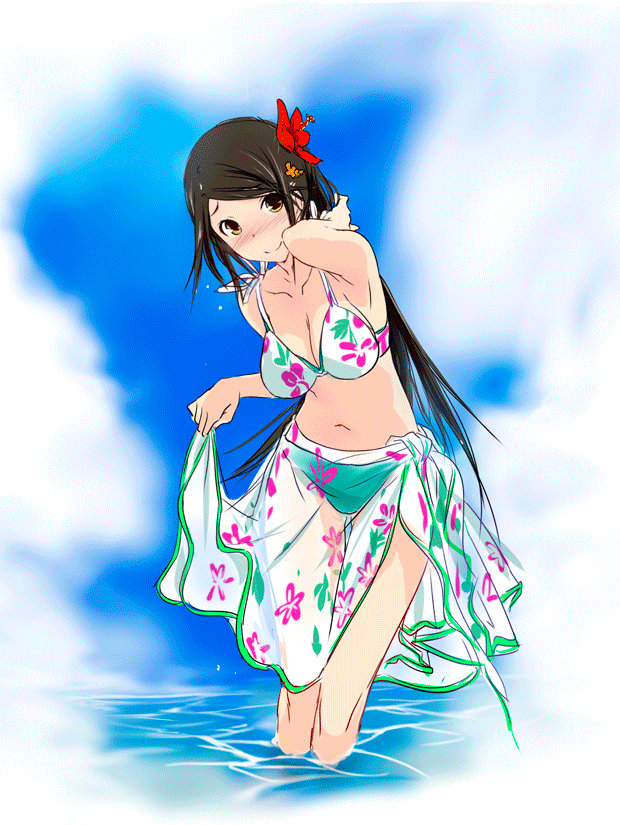 1girl, bikini, blush, breasts, brown_hair, cleavage, clouds, flower, hair_flower, hair_ornament, hazakura_seiso, hibiscus, kawagishi_keitarou, large_breasts, long_hair, maji_de_watashi_ni_koi_shinasai!, navel, ocean, sarong, see-through, skirt, sky, solo, swimsuit, thigh_gap, very_long_hair, wading, water, yellow_eyes