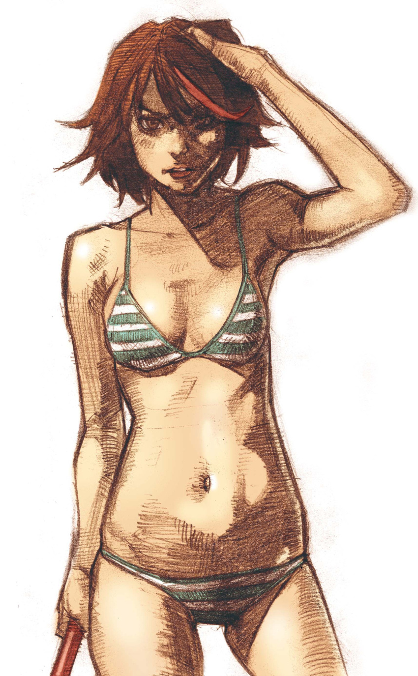 1girl, absurdres, bra, highres, kill_la_kill, matoi_ryuuko, multicolored_hair, navel
