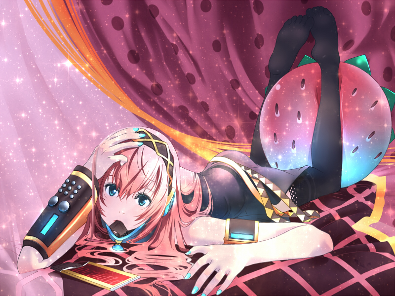 chocolate, detached_sleeves, feet, headset, kotetsu_motoya, long_hair, megurine_luka, mouth_hold