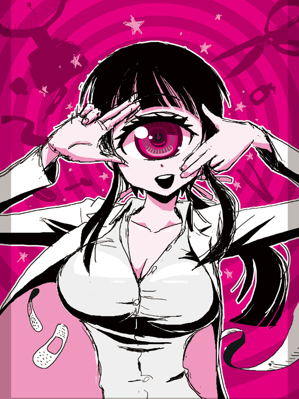 1girl, bandage, black_hair, breasts, cleavage, cyclops, hime_cut, hitomi_(hitomi_sensei_no_hokenshitsu)