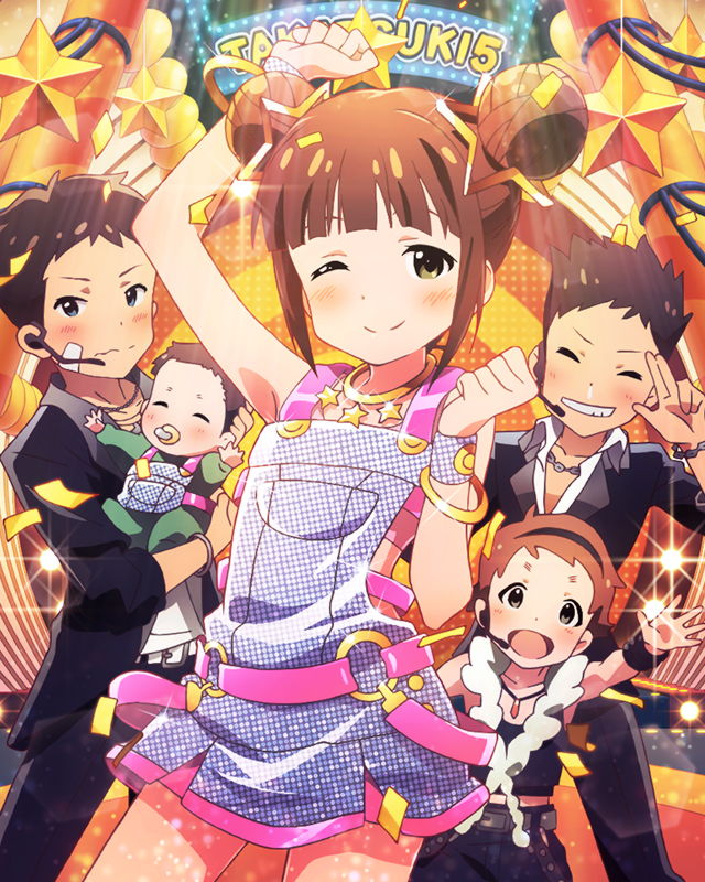 1girl, 4boys, amagase_touma, amagase_touma_(cosplay), artist_request, belt, bracelet, brown_hair